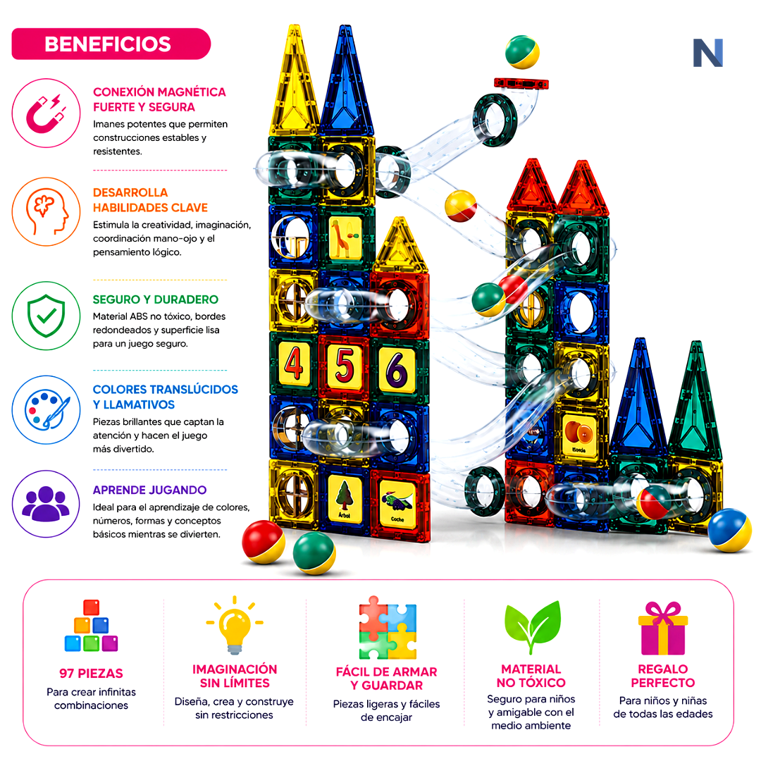 Bloques Magnéticos 97 Piezas Con Pista De Canicas